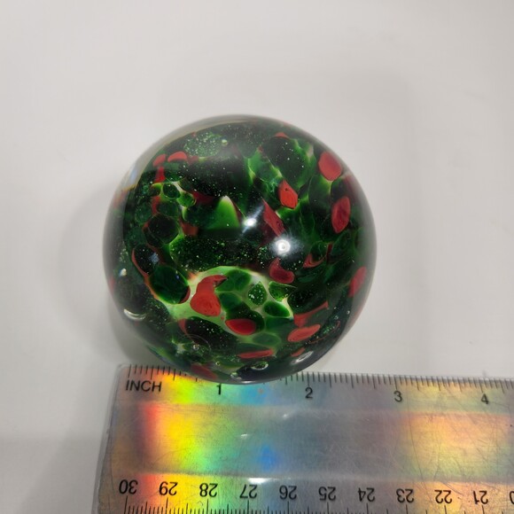 Blown Glass Paperweight Clear over Green Red Christmas Colors 3 in. - Picture 6 of 6